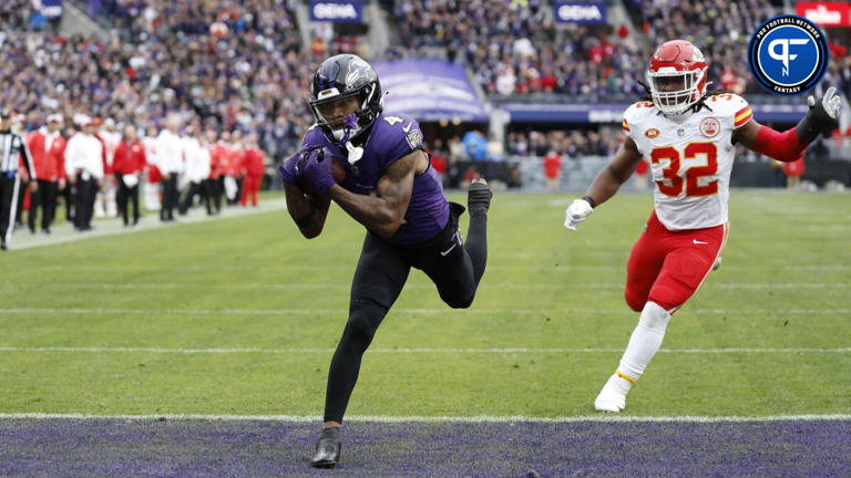Baltimore Ravens WR Zay Flowers (4) catches a touchdown pass against the Kansas City Chiefs.
