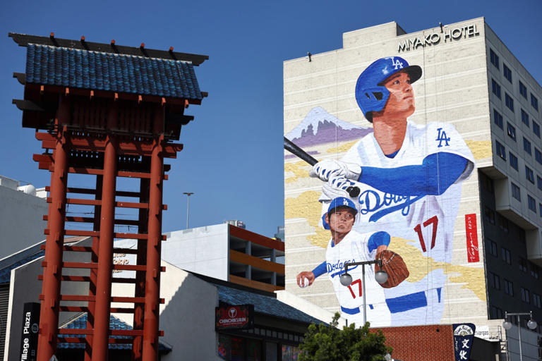 A view of a new mural depicting Los Angeles Dodgers star Shohei Ohtani, created by artist Robert Vargas on the Miyako Hotel in the neighborhood of Little Tokyo, on March 28, 2024 in Los Angeles, California. (Photo by Mario Tama/Getty Images)