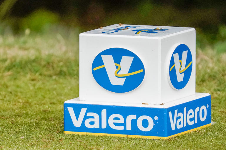 A tee marker in on sixth tee box during the first round of the Valero Texas Open golf tournament. Mandatory Credit: Raymond Carlin III-USA TODAY Sports