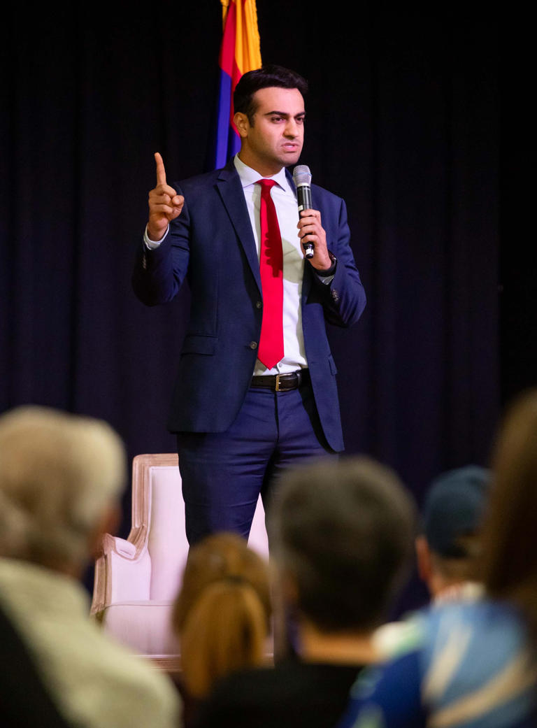 Abe Hamadeh speaks during a town hall at the Palm Ridge Recreation Center in Sun City West on April 2, 2024.