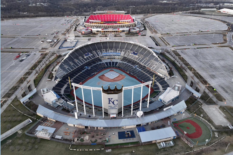 Aerial view of Kauffman Stadium and Arrowhead Stadium at the Truman Sports Complex.