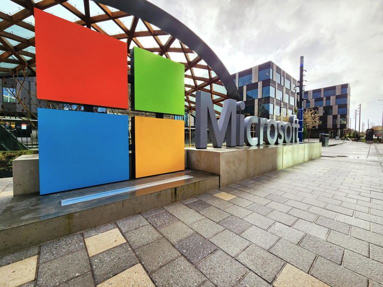 A sign on Microsoft’s campus in Redmond, Wash. (GeekWire Photo / Todd Bishop)