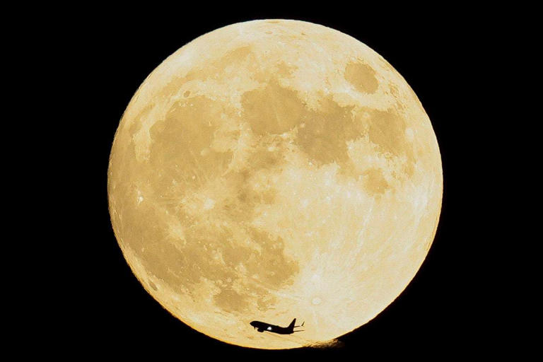 A plane passes by the The 99 percent Harvest moon on Thursday, Sept. 28, 2023, in Dallas.