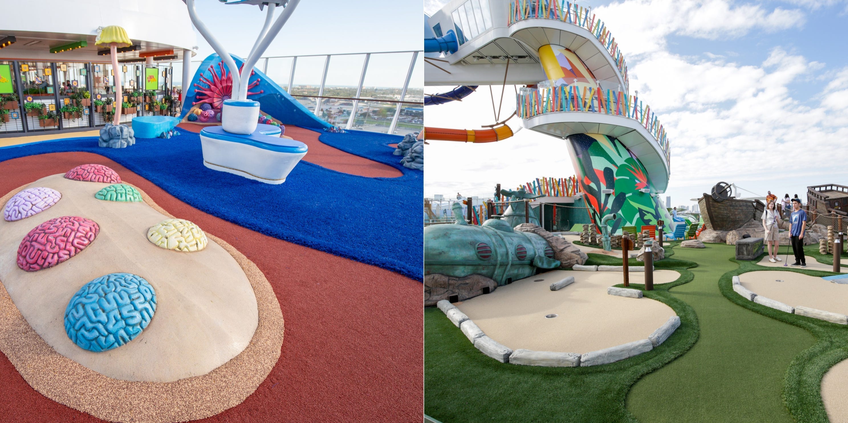<p>Some of <a href="https://www.businessinsider.com/royal-caribbean-wonder-of-the-sea-2020-9">Wonder of the Seas' enticing outdoor amenities</a> — like the surf simulator, zipline, and mini-golf course — are clustered on the deck above and away from the pools and water slides.</p><p>This layout might be difficult for parents with children who bounce from one activity to the next. Wouldn't it be easier to have all of these outdoor extras near each other, or at least on the same deck, for parental supervision purposes?</p>