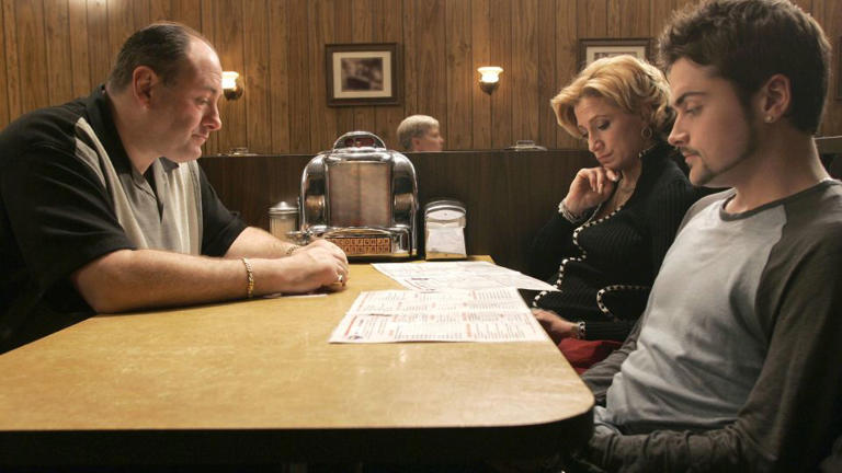 This last scene in the June 2007 finale of "The Sopranos" featured almost the entirety of Journey's "Don't Stop Believin'." Pictured are James Gandolfini, Edie Falco and Robert Iler. - HBO/Everett Collection