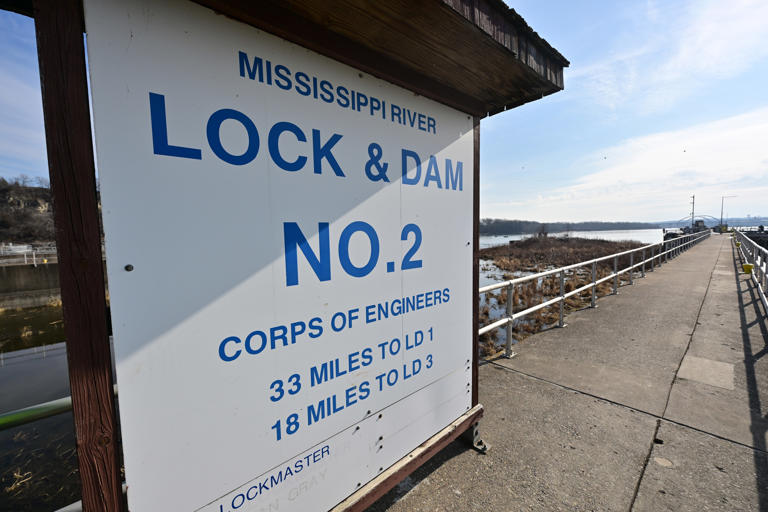The sign at Lock and Dam No. 2 on the Mississippi River near Hastings, Minn. on Wednesday, Feb. 14, 2024. The St. Paul District of the U.S. Army Corps of Engineers, which manages 13 locks and dams on the upper navigable portion of the river, emptied the lock of water to inspect, maintain and repair the structure and operating system of the lock chamber.