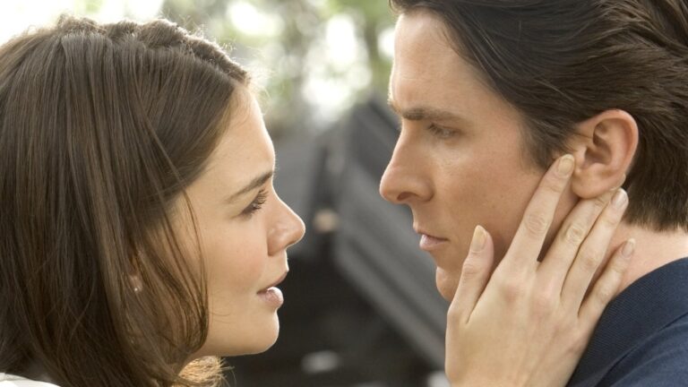 <p>Great movie, but unconvincing chemistry between Christian Bale as Batman and Katie Holmes as his love interest, prosecutor Rachel Dawes. </p> <p>In the final scene when Rachel comes to tell Bruce Wayne she can’t be with him as he’s sifting through the burned out rubble of Wayne manor, the spark is all but non-existent. Neither of them seem heartbroken at all over breaking up, which is weird considering he just saved her life twice and revealed his secret identity to her. </p> <p>Bale’s chemistry with the next actress who played Rachel, Maggie Gyllenhaal, in 2008’s <em>The Dark Knight</em> was a lot more believable, as was his chemistry with Marion Cotillard as Talia al Ghul and Anne Hathaway as Catwoman in <em>The Dark Knight Rises</em>.</p>