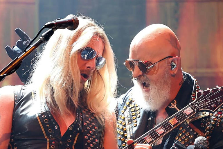Richie Faulkner and Rob Halford of Judas Priest perform at War Memorial Auditorium on March 23, 2022 in Nashville, Tennessee.