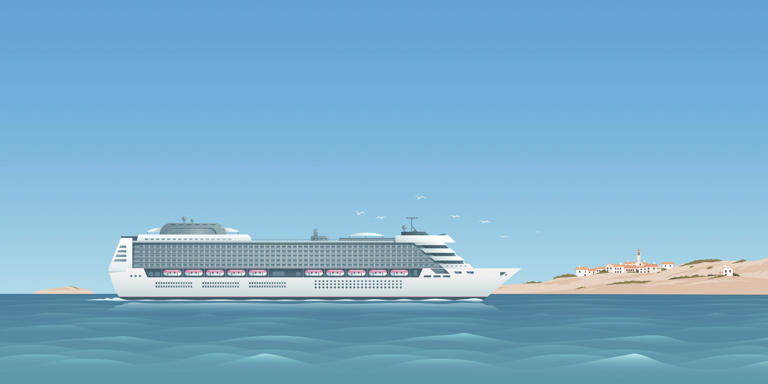 White cruise ship is floating at sea near an island with an ancient town in the Mediterranean style. Traveling by sea, and ocean. Vector illustration.