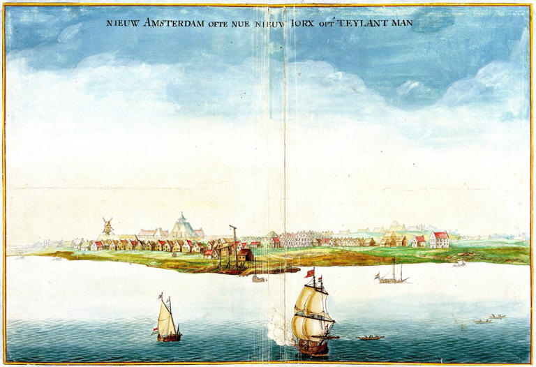 Johannes Vingboons painted this watercolor of New Amsterdam at the moment it became New York, captioning his work, “New Amsterdam or now New York on the Island Man[hattan].” Nationaal Archief, 4.VELH 619.14