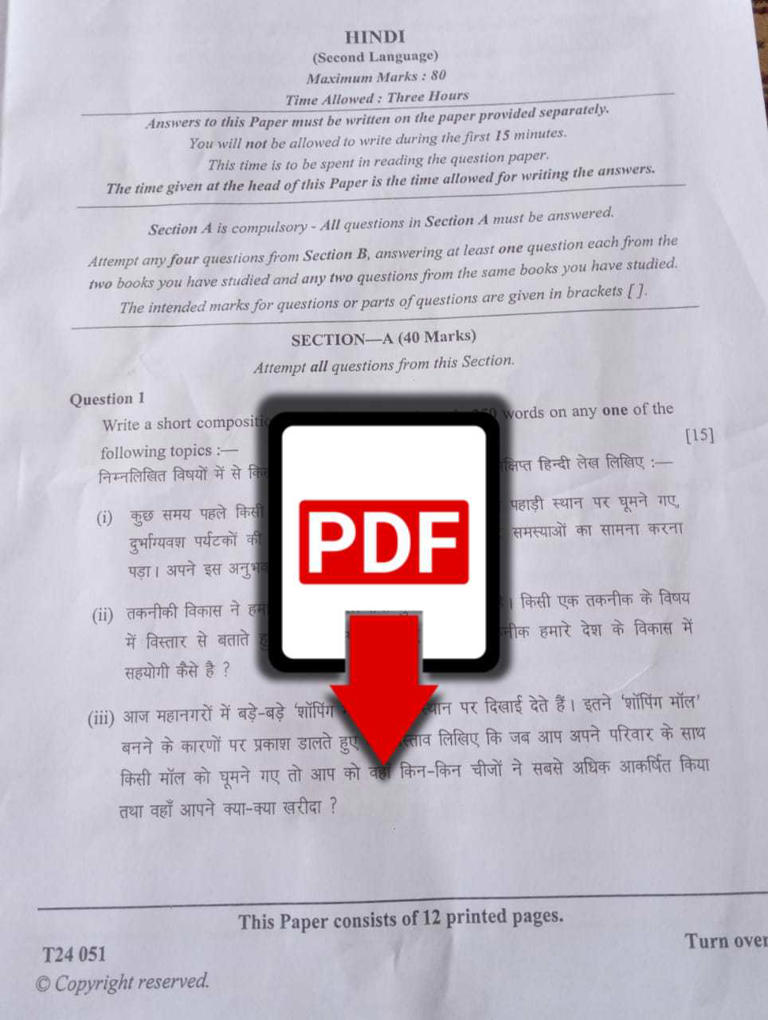 ICSE Class 10 Hindi Question Paper 2024 PDF with Answer Key
