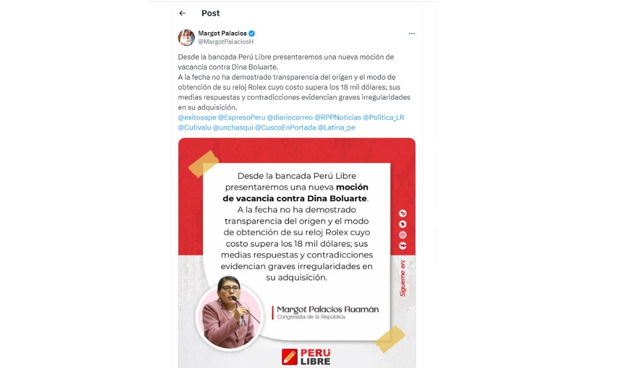 dina boluarte: perú libre anuncia moción de vacancia contra presidenta por reloj rolex