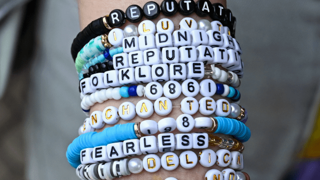 <p>You can create friendship bracelets with the names of Taylor Swift's albums that represent the mood/theme of each one (for example, using gold beads for <em>Fearless</em> and black beads for <em>Reputation</em>). Here's Swift's full discography, in order of release, including Taylor's Versions.</p>    <ul> <li><em>Taylor Swift </em>(debut) - 2006</li>    <li><em>Fearless </em>- 2008</li>    <li><em>Speak Now</em> - 2010</li>    <li><em>Red</em> - 2012</li>    <li><em>1989 </em>- 2014</li>    <li><em>Reputation </em>- 2017</li>    <li><em>Lover</em> - 2019</li>    <li><em>Folklore</em> - 2020</li>    <li><em>Evermore</em> - 2020</li>    <li><em>Fearless</em> (Taylor’s Version) - 2021</li>    <li><em>Red</em> (Taylor’s Version) - 2021</li>    <li><em>Midnights</em> - 2022</li>    <li><em>Speak Now</em> (Taylor’s Version) - 2023</li>    <li><em>1989 </em>(Taylor’s Version) - 2023</li>    <li><em>The Tortured Poets Department</em> - Coming in April 2024</li> </ul>     <p><a href="https://stylecaster.com/lists/taylor-swift-bracelet-ideas/">View the full Article</a></p>