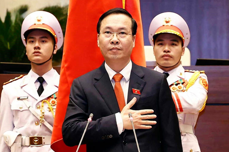 Vo Van Thuong taking an oath during a National Assembly's extraordinary meeting in Hanoi in 2023. Thuong has now resigned after a little over a year in the job. Photograph: Hoang Thong Nhat/Vietnam News Agency/AFP/Getty Images