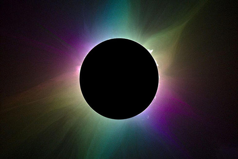 A polarized photo of the sun's corona during total eclipse captured by the Citizen CATE project during the April 20, 2023 eclipse in Australia.