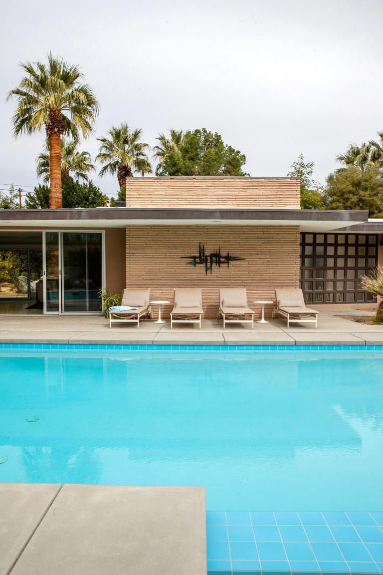 This restored 1949 home designed by architect Herbert Burns features horizontal-laid sandstone and terrazzo floors. The home received recognition on May 12, 2022, as a Designated Class 1 Historic Site in Palm Springs, California.