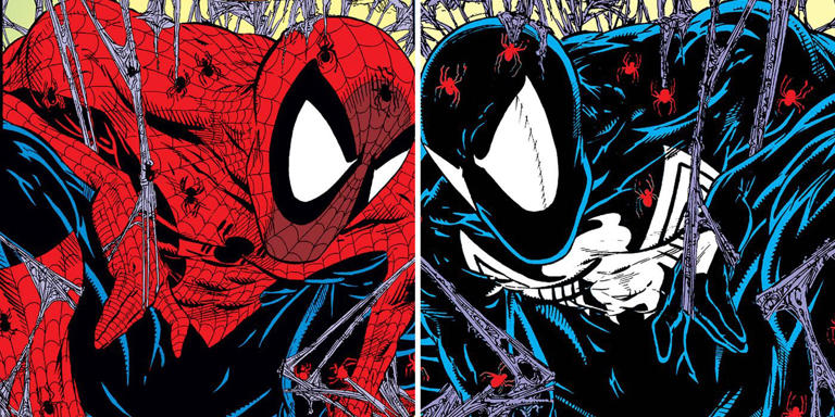 Spider-Man wears his classic red and blue and black symbiote suits in Marvel Comics