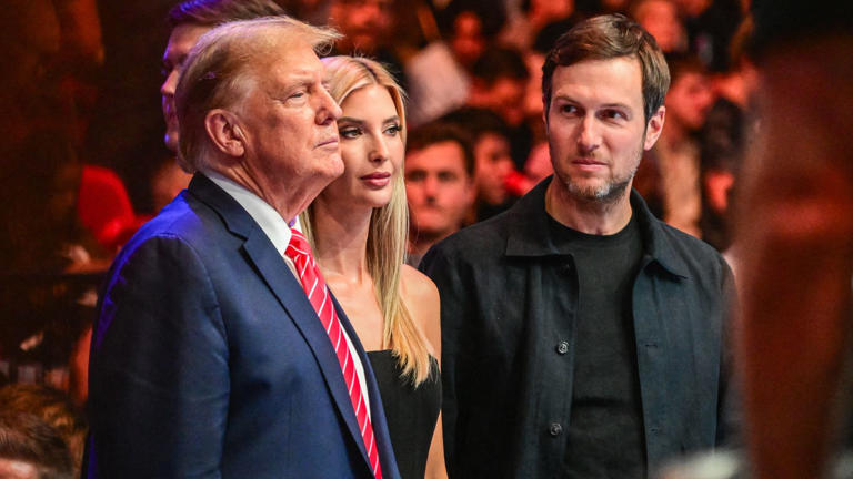 Former U.S. President Donald Trump (L), his daughter Ivanka Trump (C) and her husband Jared Kushner attend the Ultimate Fighting Championship (UFC) 299 mixed martial arts event at the Kaseya Center in Miami, Florida on March 9, 2024.
