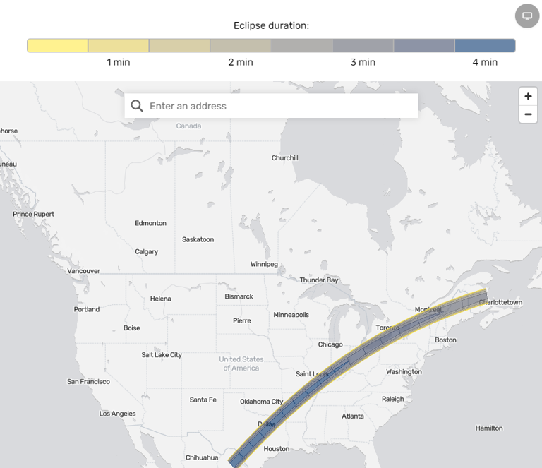 Total solar eclipse 2024 path of totality map Interactive tool shows eclipse times nationwide