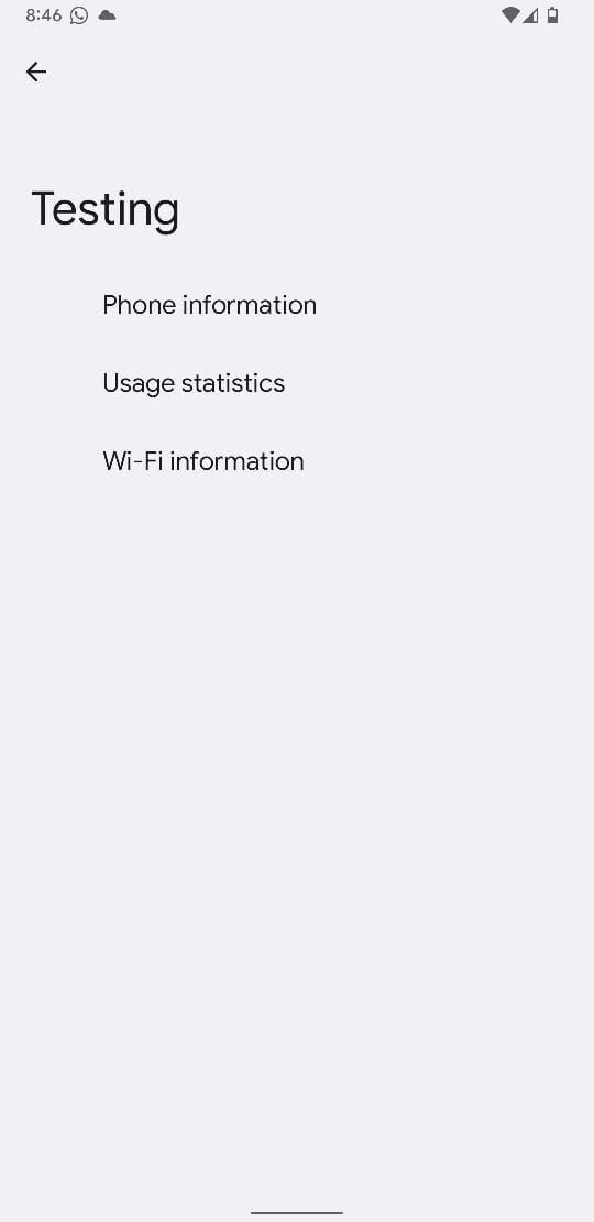 Phone testing menu screenshot