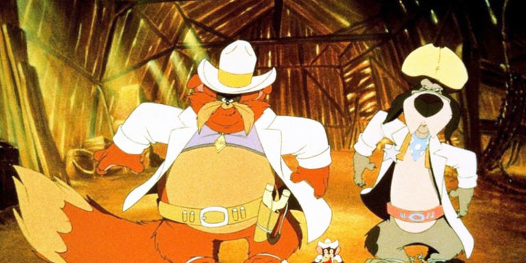 A cat dressed like a dog in An American Tale: Fievel Goes West