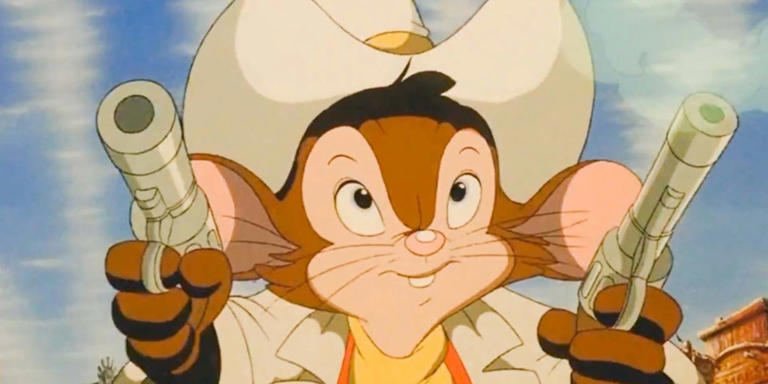 Fievel holds up two guns in An American Tale: Fievel Goes West