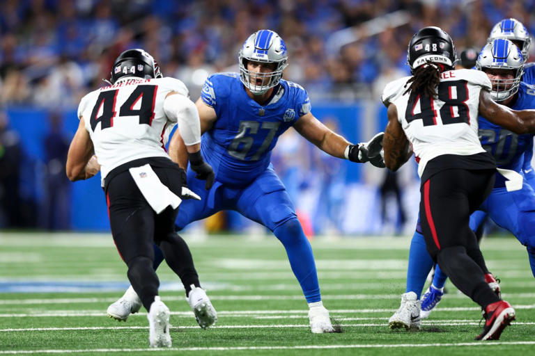 Matt Nelson blocks during an NFL football game against the Atlanta Falcons at Ford Field. Getty Images