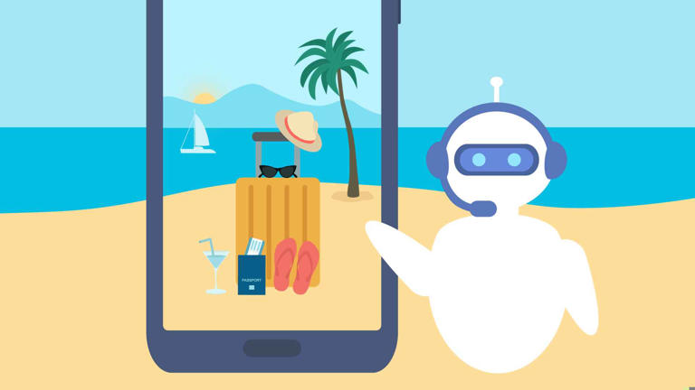 Vacation And Online Booking Concept With Chatbot. Artificial Intelligence In Tourism. Chatbot Showing Seaview, Luggage And Passport On Mobile Phone Screen