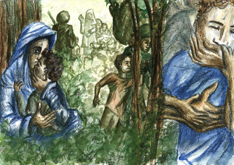 Μια εικόνα που απεικονίζει μητέρες και παιδιά που προσπαθούν να κρυφτούν πίσω από τα δέντρα για να γλυτώσουν από τη βία των συνοριακών αρχών. Λευκορωσία, Φεβρουάριος 2024.