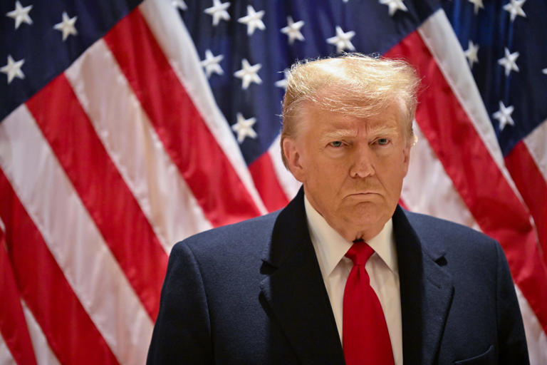 Former President Donald Trump, at a press conference after leaving the second day of his defamation trial involving E. Jean Carroll. Alexi J. Rosenfeld/Getty Images