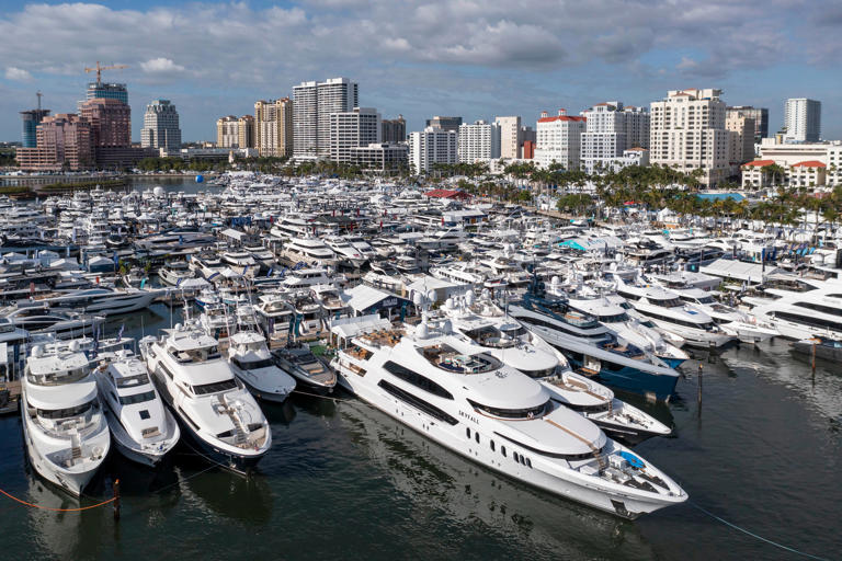 The Intracoastal Waterway is filled for the 42nd Palm Beach International Boat Show from March 21-24 on March 21, 2024 in West Palm Beach, Florida.