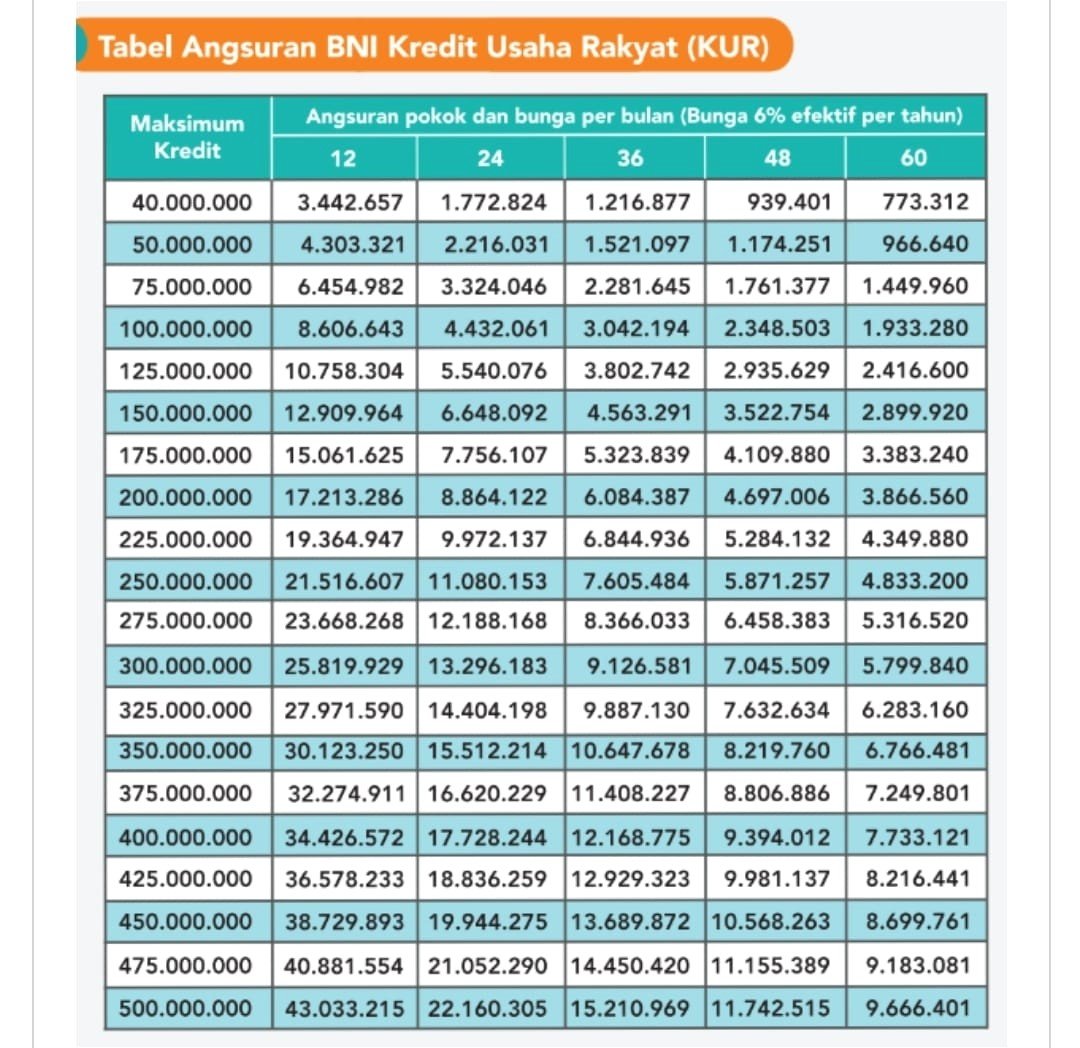 kur bni 2024,tabel angsuran pinjaman rp 40 juta hingga rp 500 juta,info lengkap cek brosur