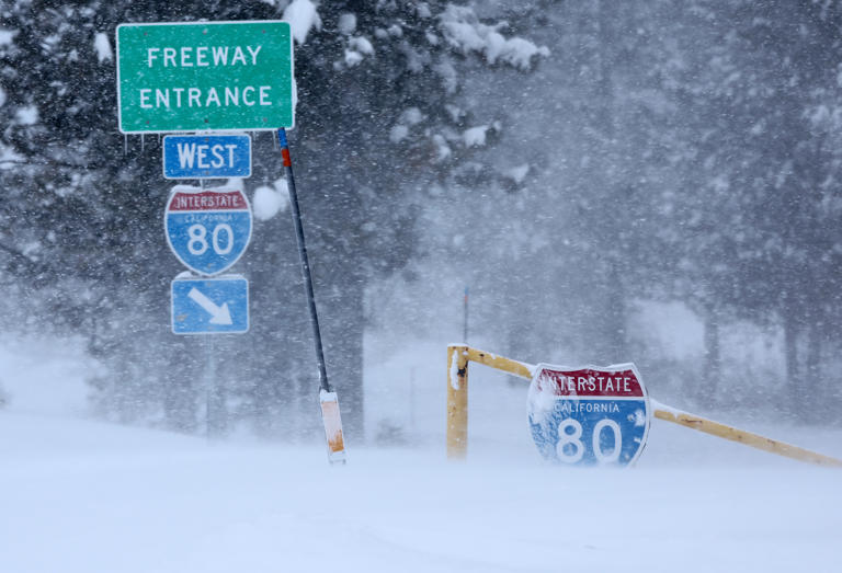 Interstate 80 (I-80) entrance is covered in snow during a powerful multiple day winter storm in the Sierra Nevada mountains on March 03, 2024 in Truckee, California. Heavy snowfall is forecast in California and Montana this weekend in the western U.S.