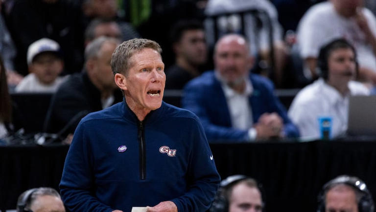 Gonzaga Bulldogs head coach Mark Few yells to players during the second round of the NCAA Tournament at the Delta Center in Salt Lake City on Saturday, March 23, 2024.