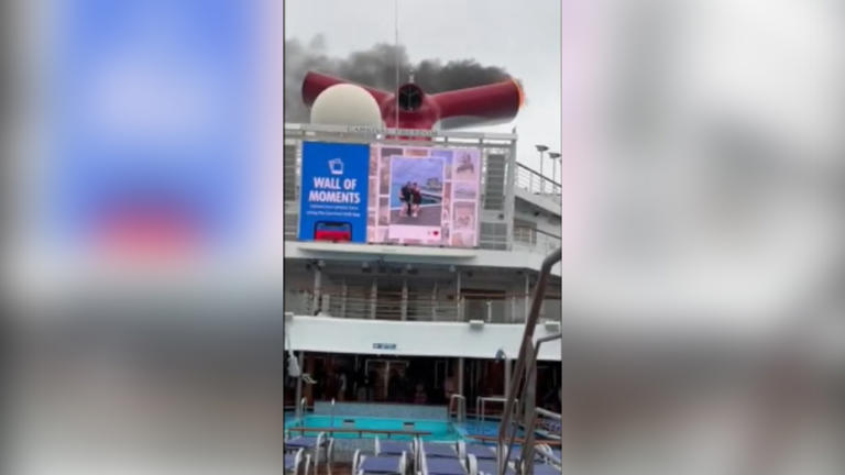 Carnival Freedom reported a fire on the port side of the ship’s exhaust funnel March 23, 2024. @breezebreeze_ via Storyful