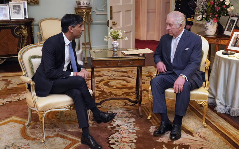 The King with Prime Minister Rishi Sunak at Buckingham Palace for their first audience since Charles III's diagnosis with cancer - Jonathan Brady/pa