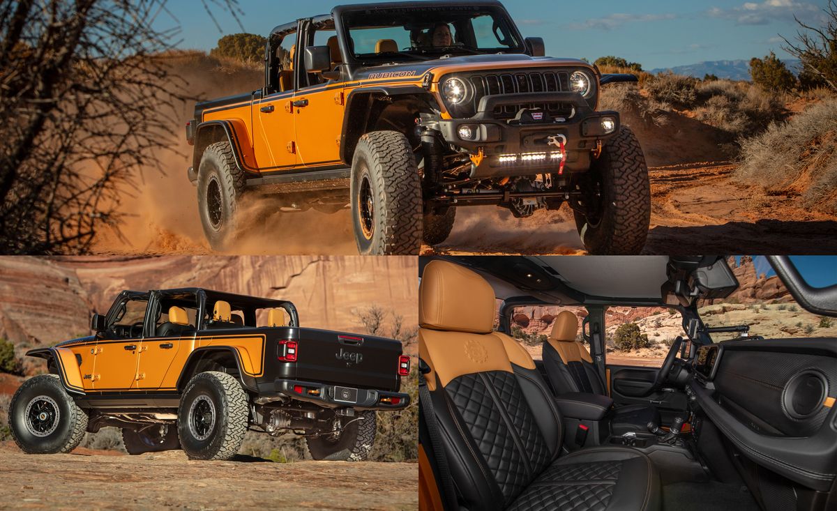 <p>Born from the efforts of Jeep Performance Parts designers and the Mopar engineering teams, the <a href="https://www.caranddriver.com/jeep/gladiator">Gladiator</a> Rubicon High Top Concept channels the '70s J-series pickups, particularly the highly decorated versions from the mid-'70s when Jeep tried to get hip. (Remember the <a href="https://www.caranddriver.com/features/g15379412/classic-old-jeep-pickup-trucks/?slide=9">Jeep J-10 Honcho</a>?) </p><p>Brown was the official color of the 1970s, so Jeep starts off with a two-tone Ginger Snap metallic exterior with bold graphics that look the part. Interior mods are subtle but appropriate. The seats have been trimmed with custom quilted and perforated tan and black Alea leather, and JPP logos reside on the headrests. JPP provides the sun bonnet, pedal kit, floor mats, and doorsill guards. JPP also provided some concept flat fender flares. </p>