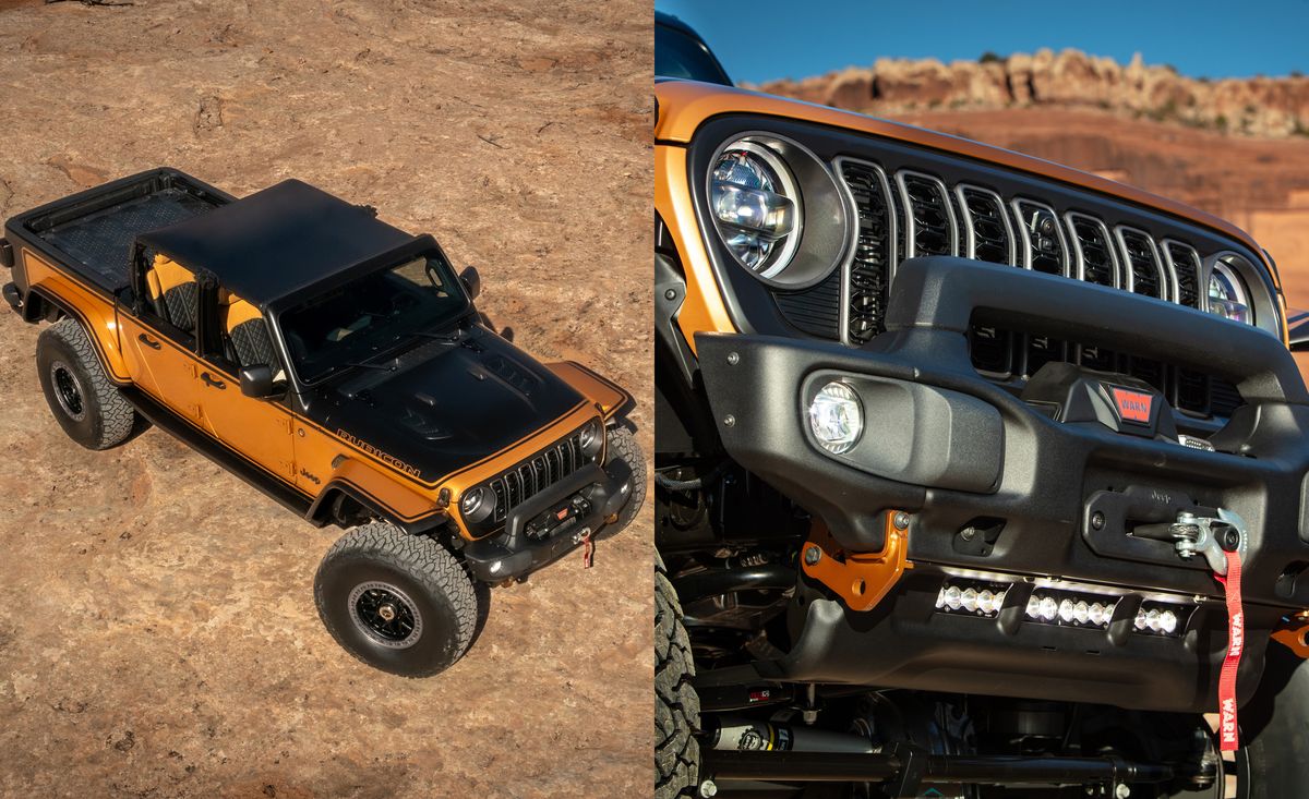 <p>Mods from outside vendors include a front bumper from American Expedition Vehicles—check the custom protective hoop sitting just above a Warn winch—rock rail power steps from Rock Slide Engineering, and a truck bed storage system with lockable dual sliding drawers from Decked.</p><p>Power comes from the trusty 3.6-liter Pentastar V-6 engine mated to a TorqueFlite eight-speed automatic transmission. Torque is funneled to Dana 60 front and rear axles with matching 5.38:1 gears, then moves on to 40 x 13.5 R-18 BFGoodrich All-Terrain T/A KO3 tires mounted on 18 x 9.0-inch Satin Black KMC Grenade Crawl beadlock wheels. An AccuAir adjustable suspension helps fine-tune the suspension for the task at hand.</p>