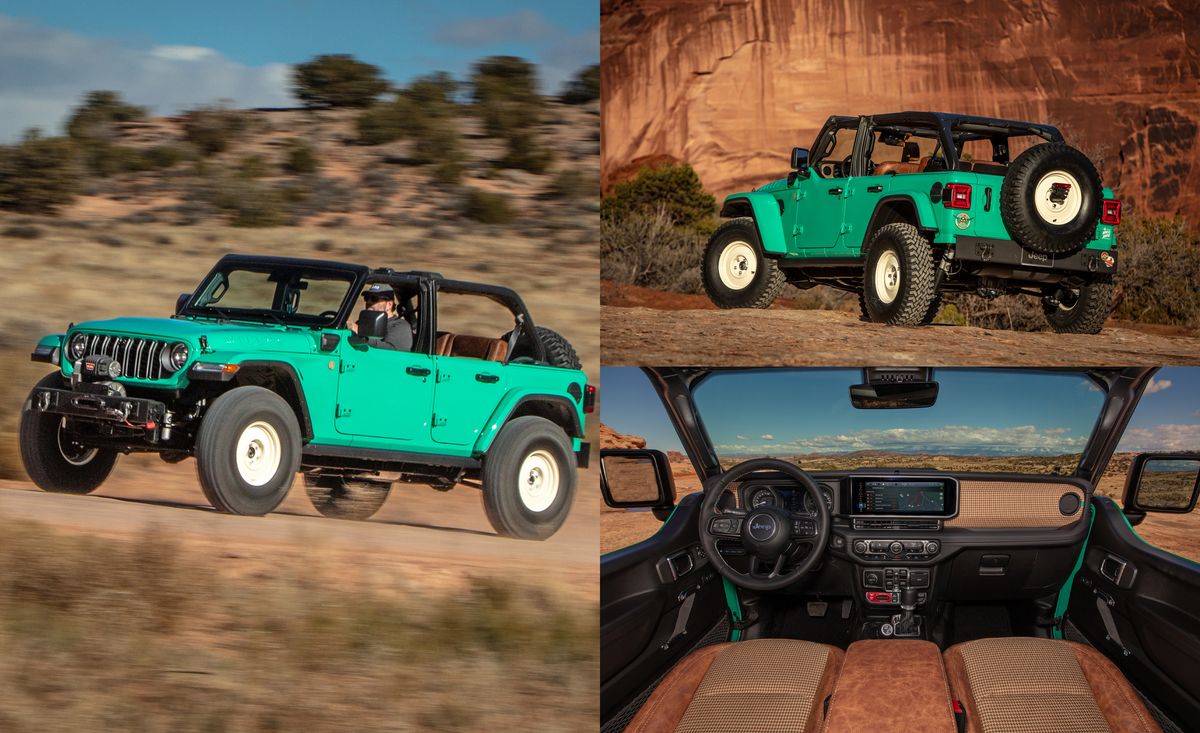 <p>Aside from the paint, the Willys Dispatcher doesn't look much different from the current Wrangler. And although there's a lot more going on here than just its Element 115 green paint, we'd be fine if there wasn't. As designer Chris Piscitelli not so coyly mentioned in brief preview, more than one current Jeep color first debuted on concept vehicles like this. A gloss-black windshield surround almost disappears—along with the standard black roll cage—due to the high contrast with the nuclear-age-inspired green paint. </p><p>Exterior color aside, the Willys Dispatcher, which counts the postwar-era Willys Jeeps as its inspiration, has some pretty cool features, including front and rear Dana 50 axles with 4:70 gears and 36-inch Traxion tires mounted on 16 x 7.0-inch white steel wheels for the perfect vintage look. The bumpers are crafted to look homemade old-school, the front with a beefy Warn 8274 winch mounted. The flat fenders and "Willys" stamped lettering in the hood really play into the retro vibe.</p>