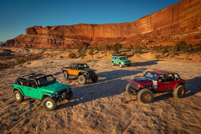 Here are the 2024 Easter Jeep Safari Concepts (clockwise, left to right): Jeep Willys Dispatcher Concept, Jeep Gladiator Rubicon High Top Concept, Jeep Vacationeer Concept, Jeep Low Down Concept.