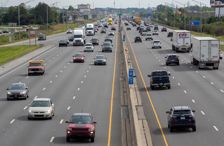 Traffic on an average afternoon, about an hour before the peak of rush hour on Wednesday, May 26, 2021, shows the heavy load of cars on Interstate 69 on the Indianapolis and Fishers city line.