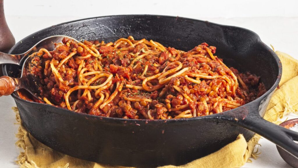 <p>Made with pasta, lentils, onion, carrot, and celery, all simmered in a rich tomato sauce in a cast iron pot, this vegetarian Bolognese packs a flavorful punch. It captures the warmth and depth of traditional Bolognese without using meat, providing a delicious and hearty alternative to a beloved classic.</p><p><strong>Get the Recipe:</strong> <a href="https://homesteadhow-to.com/lentil-bolognese-pasta-recipe/">Easy Lentil Bolognese Pasta Recipe</a></p>