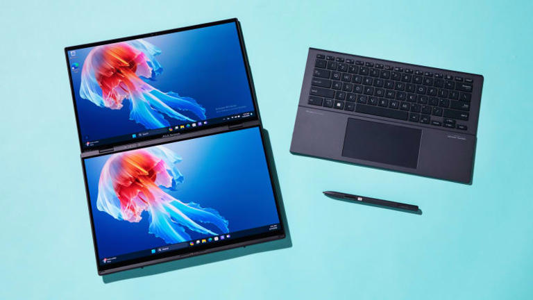 The 2024 version of the Zenbook Duo includes a detachable Bluetooth keyboard, pressure-sensitive stylus, and an integrated kickstand.