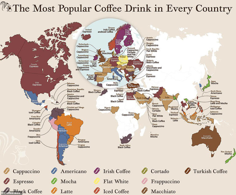 Fascinating map reveals every country's favourite coffee drink in 2024 ...