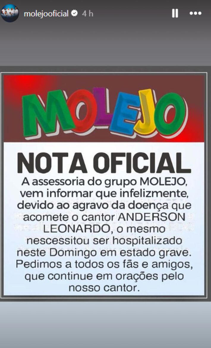 Nota oficial do grupo Molejo sobre Anderson Leonardo, postada nesta segunda-feira, 25 Foto: @molejooficial Via Instagram