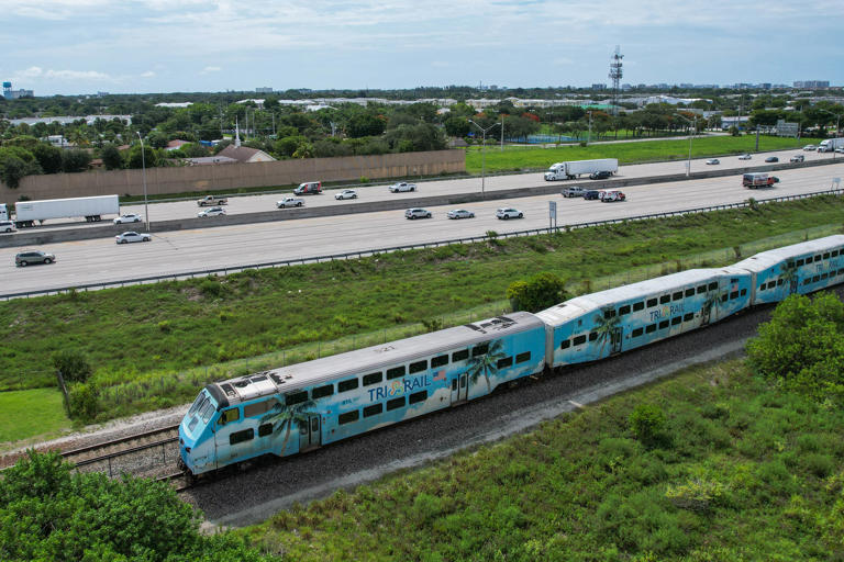 The northbound Tri-Rail train arrives at the Delray Beach Tri-Rail station on Thursday, June 22, 2023, in Delray Beach, Fla.