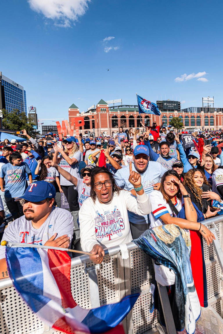 Rangers fans gather to celebrate the Texas Rangers World Series championship at the Championship Celebration at the Texas Live! Plaza in Arlington on Nov. 3, 2023. The Rangers open their new season at Globe Life Field on Thursday.