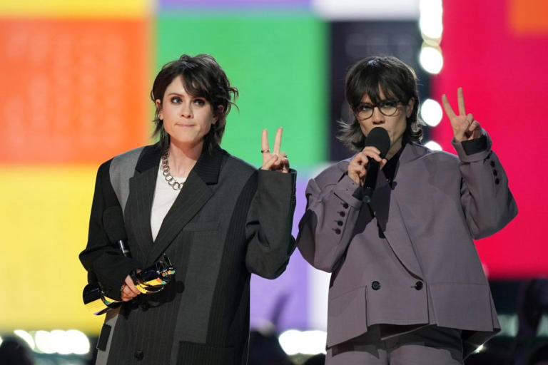Tegan and Sara accept the humanitarian award at the Juno awards, in Halifax on Sunday.