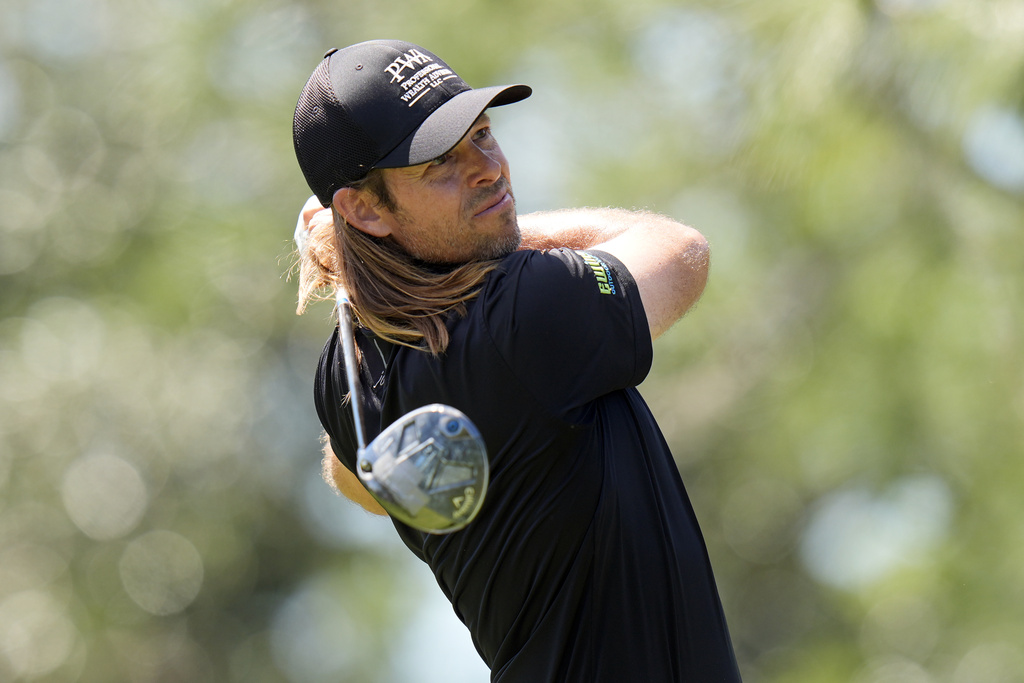 <p>Aaron Baddeley, of Australia, hits from the sixth tee during the third round of the Valspar Championship golf tournament Saturday, March 23, 2024, at Innisbrook in Palm Harbor, Fla. </p>