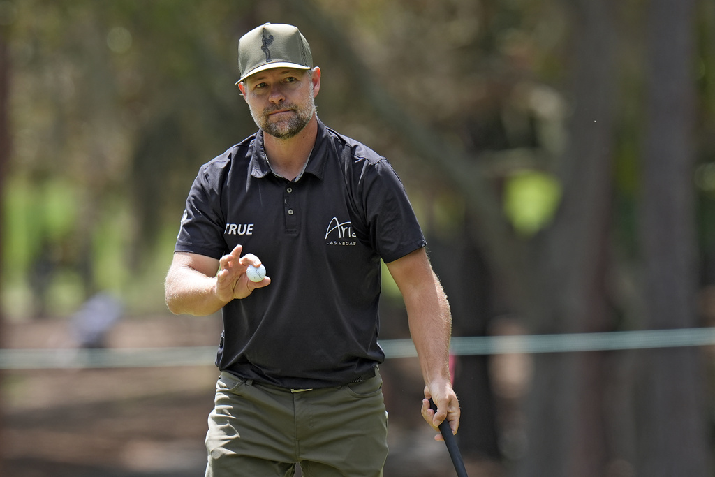 <p>Ryan Moore reacts to his birdie on the second hole during the final round of the Valspar Championship golf tournament Sunday, March 24, 2024, at Innisbrook in Palm Harbor, Fla. </p>
